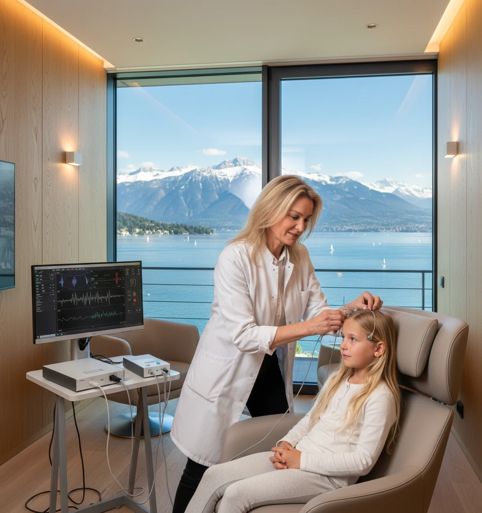 Eva Otzen with child in front of lake and mountains